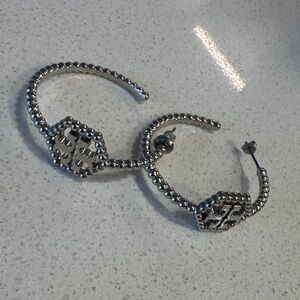 Tory Burch Silver Beaded Hoop Earrings with Logo Medallion